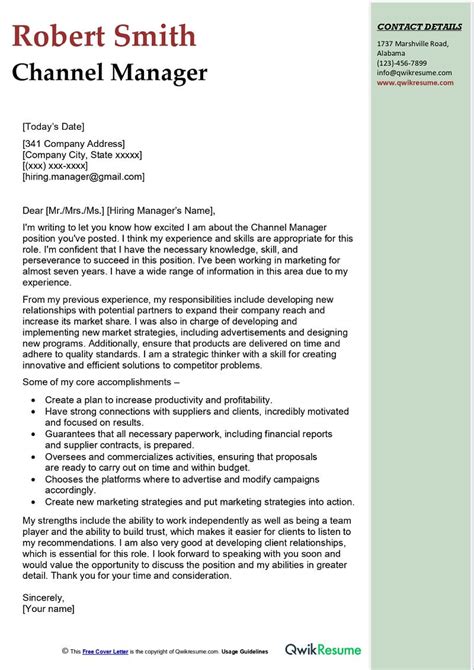 Professional Channel Manager Cover Letter Examples 